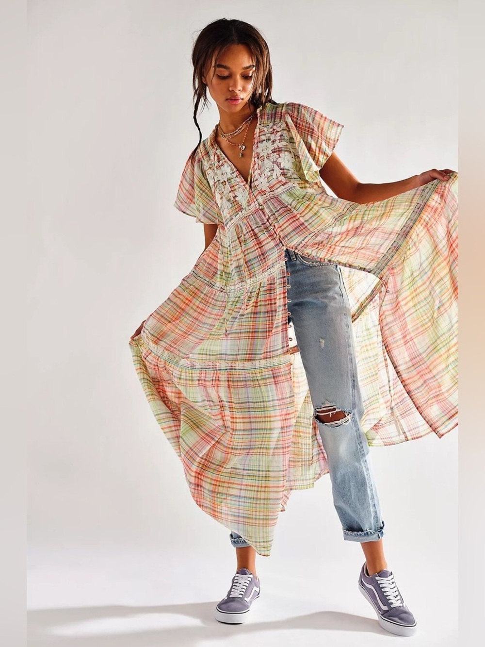Free People Sally Maxi Top Dress Plaid Embroidered Boho XS/S Cottagecore